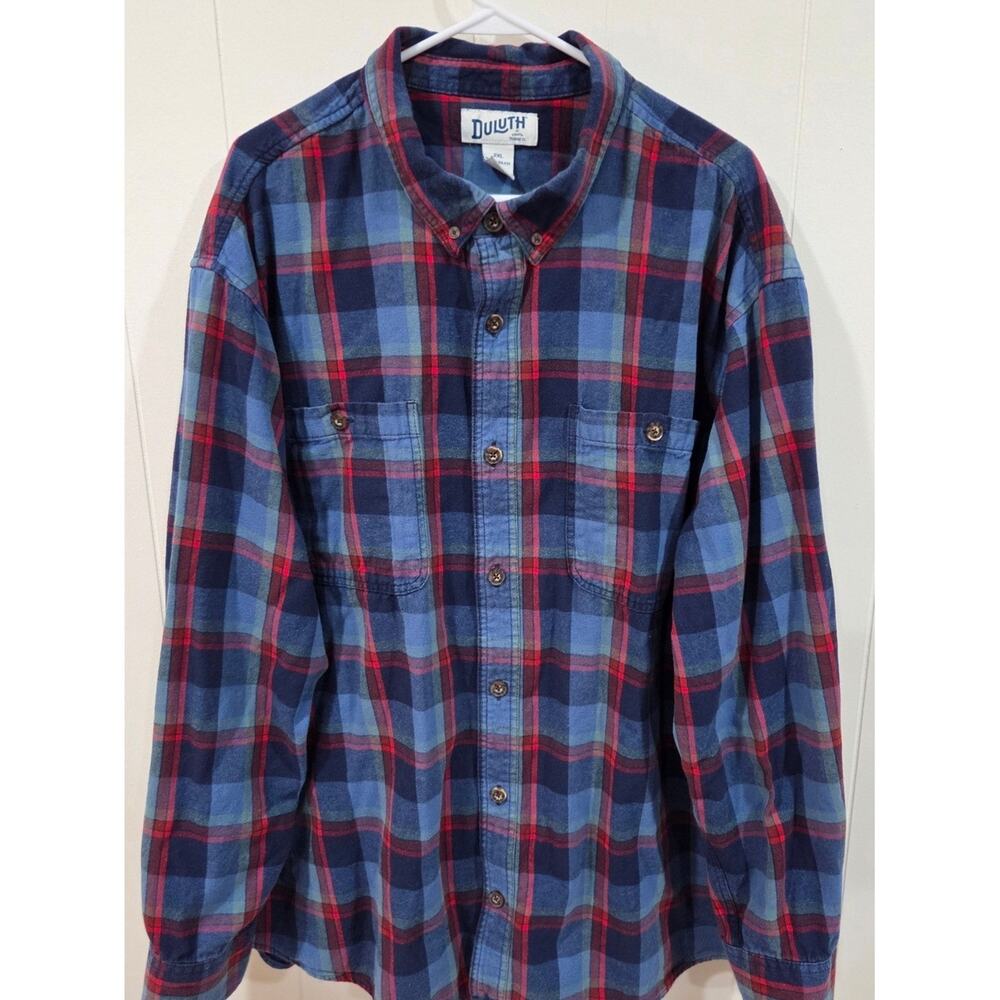 Duluth Trading Co Men's 2XL Relaxed Fit Blue Red Plaid Cotton Flannel Shirt
